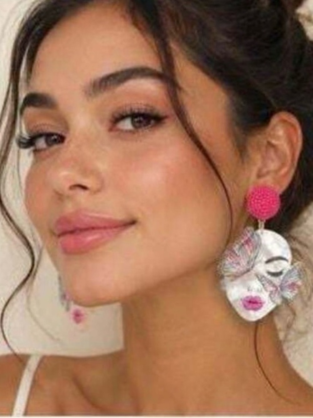 Hot Pink Beaded Butterfly Face Drop Earrings - Women Jewelry
